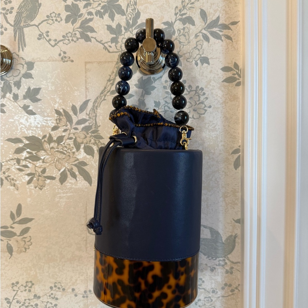 Lele Sadoughi Navy & Tortoiseshell Hard Bucket Bag Beaded Handle